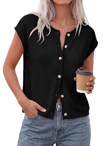PRETTYGARDEN Womens Cap Short Sleeve Sweater Vest 2026 Spring Summer Lightweight Button Down Cardigans Trendy Loose Tops (Black,Small) - Image 1