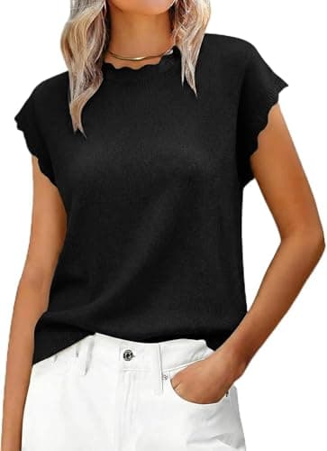 Jenisso Women Summer Sweater Cap Sleeve Lightweight Pullover Soft Knit Top with Scallop Wavy(Black,XL) - Image 1