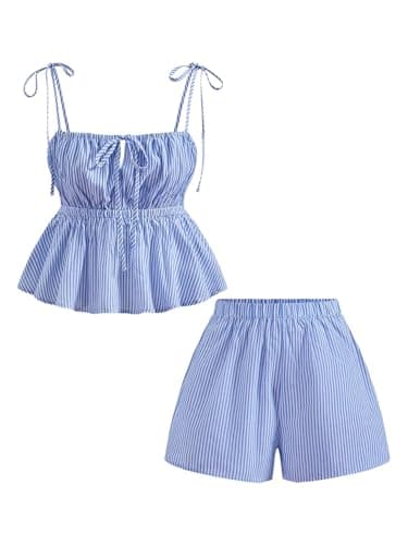 MakeMeChic Women's 2 Piece Summer Outfits Striped Tie Shoulder Peplum Shirred Tops and Shorts Set Blue Medium - Image 1