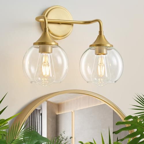 Gednbo Gold Bathroom Vanity Light with Clear Glass Shade, E26 Base, 2-Light Bathroom Light Fixtures Over Mirror, 14 Inch Vanity Lights for Bathroom (Exclude E26 Bulb) - Image 1