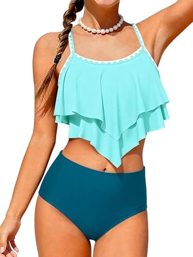 AMAWMW Girls Swimsuit 2 Piece Bikini Set Tiered Ruffled Bathing Suit Two Piece Girls' Swimwear with Chest Pad Cyan 13-14Y - Image 1