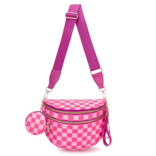 WOOMADA Checkered Crossbody Bag Bum Bag for Women, Spacious Nylon Fanny with Removable Wallets (2pcs-Hot Pink Checkerboard) - Image 1