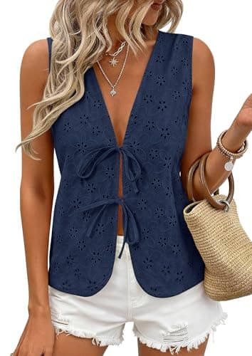 PRETTYGARDEN Women 2026 Summer Tie Front Eyelet Tank Tops Trendy Floral Vest Sleeveless V Neck Dressy Blouse Vacation Outfits (Navy Blue,Small) - Image 1