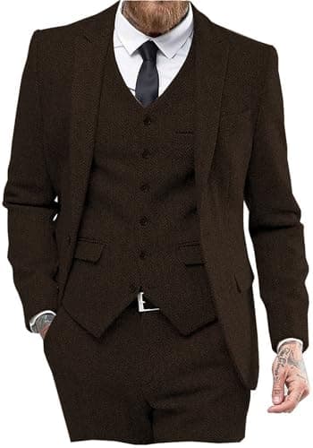 Mens Tweed Herringbone Wedding Suit Prom Tuxedos 3 Piece Peak Lapel Dress(Coffee,5XL) - Image 1