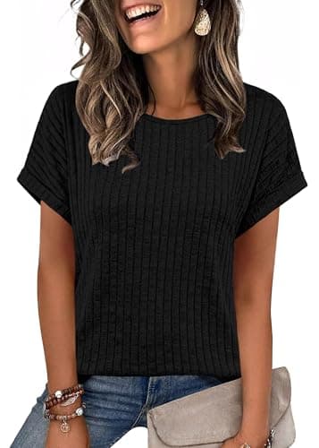 WIHOLL Shirts for Women Short Sleeve Black Tops Summer Business Casual Outfits Blouses Trendy Crew Neck Tunic Loose Fit Fashion Women's Clothing S - Image 1