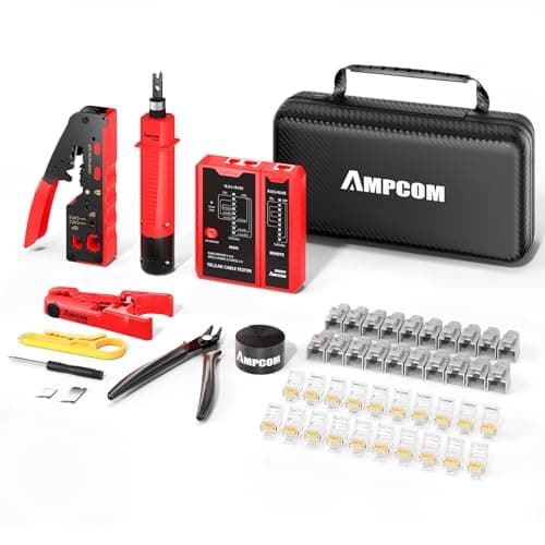 AMPCOM Ethernet Crimping Tool Kit 10-in-1 Pass Through RJ45/RJ11 Network Tool Kit with RJ45 Tester for Cat6/5e RJ45 Connectors, Includes 110 Punch Down Tool & Wire Stripper, Portable Waterproof Bag - Image 1