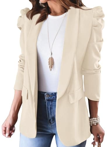 KIRUNDO Women's 2026 Spring Fall Casual Blazers Puff Sleeve Lapel Open Front Work Suit Office Blazer Jackets with Pockets(Apricot, Large) - Image 1