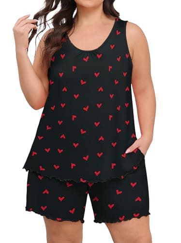 Lastshe Womens Plus Size Pajama Set Summer Sleeveless Tank Tops Shorts Pjs Printed 2 Piece Lounge Set with Pockets Sleepwear,Black Red Heart-4X - Image 1