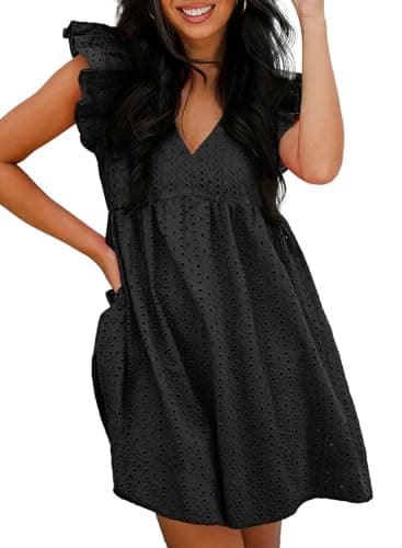 Dokotoo Black Dresses for Women Summer Eyelet Lace Dress Casual V Neck Mini A Line Hollow Out Embroidered Formal Dress Sundresses Ruffle Sleeve Flowy Midi Dress Large - Image 1