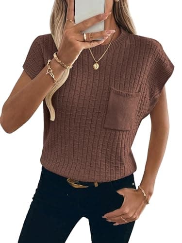 RICHSTORY Womens Summer Tops Trendy 2026 Round Neck Cap Sleeve Sweaters Loose Fall Fashion Teacher Clothes Casual Short Sleeve Shirts Brown X-Large - Image 1