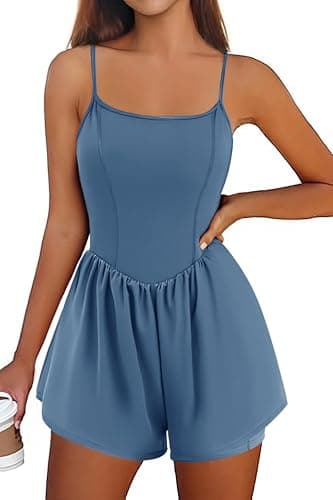 Ekouaer Womens Summer Sleeveless Workout Rompers Athletic Jumpsuit Double Lined Shorts One Piece Gym Yoga Clothes Blue - Image 1