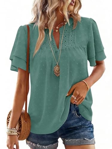 Bellcoco Summer Tops for Women Boho Butterfly Short Sleeve V Neck Blouses Swiss Dot Shirts Dressy Casual Flowy Outfits 2026 Cyan M - Image 1