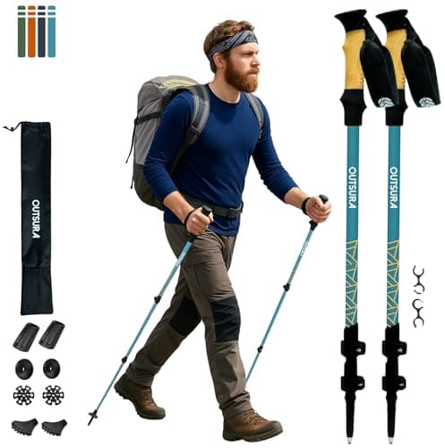 Outsura Aluminium Trekking Poles for Hiking w/Cork Grip & Quick Lock - Lightweight Collapsible Hiking Sticks for Backpacking - Folding Walking Sticks for Seniors Men & Women - One Pair (Blue) - Image 1