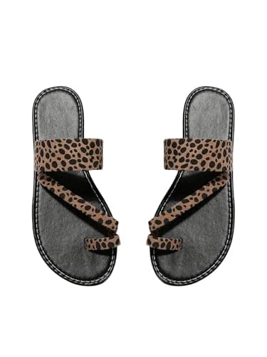 OYOANGLE Women's Leopard Print Toe Ring Sandals Strappy Open Toe Slip On Flat Casual Outdoor Sandals Black 10.5 - Image 1
