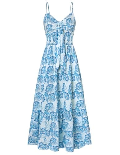 Summer Dresses for Women Floral Tie Front V Neck A Line Smocked Swing Ruffle Vacation Sundress - Image 1