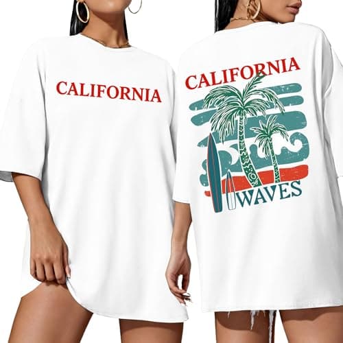 Aiyino Womens Oversized Graphic Tee 100% Cotton California Surfboard Palm Beach Shirt Loose Fit Summer Top Teal Waves L - Image 1