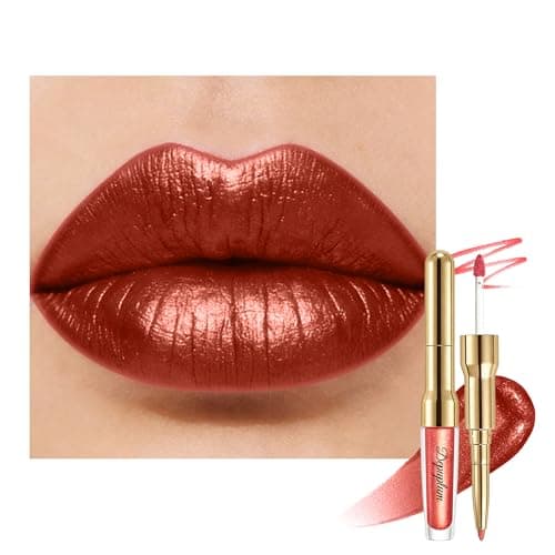 Depuplum Brown Metallic Lipstick and Lip Liner Combo Makeup 2-in-1 Shimmer Glitter Lipsticks for Women Metallic Lip Gloss Stain Waterproof Smudgeproof Copper Long Lasting Lipsticks (GB28 Sahara) - Image 1