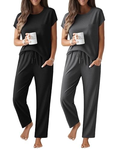 Ekouaer 2 Packs Pajamas for Women Set Cap Sleeve Top and Pants Soft Sleepwear Comfy Pjs Set with Pockets Black/Deep Grey - Image 1