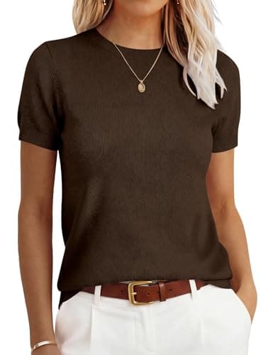 ANRABESS Women’s Short Sleeve Sweater,100% Wool Sweaters Top,Casual for Work Office,Versatile for Summer Spring Early Fall Brown Small - Image 1