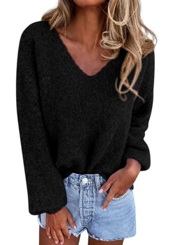KIRUNDO Sweaters for Women Fall 2026 Oversized V Neck Cozy Cute Casual Long Sleeve Knit Pullover Trendy Winter Clothing(Black, Small) - Image 1