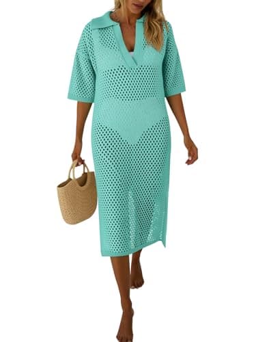 Fisoew Womens Crochet Swimsuit Coverup Summer Hollow Out Short Sleeve V Neck Bikini Coverups Vacation Beach Maxi Dress Mint - Image 1