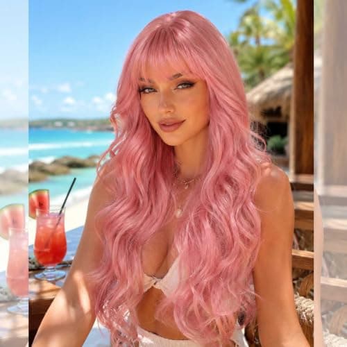 Barbique Synthetic Wig with Bangs, Pink Long Wavy Wig, Synthetic Hair, Heat Resistant Fiber, Natural Looking Glueless Ready to Wear for Work Party Daily Use Beginner Friendly