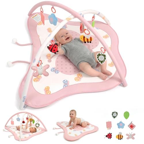 Pamo Babe Baby Play Gym & Activity Mat, Tummy Time Mat with 8 Montessori Toys, Non-slip Foldable Baby Playmat for Stage-Based Development, Machine Washable Baby Gym Play Mat for Newborn Essential Gift