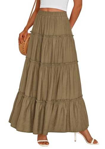 PRETTYGARDEN Boho Maxi Skirts for Women Trendy Summer 2026 Spring Long Flowy A Line Tiered Skirt Beach Vacation Clothes Dress (Army Green,Large) - Image 1