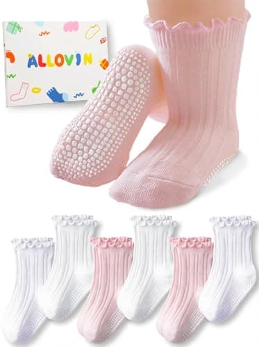 ALLOVIN 6 Pairs Non-Slip Ruffle Socks for Baby & Toddler Girls – Soft Cotton Grip Socks | Pure White/Off-White/Pink | 6-12 Months - Image 1