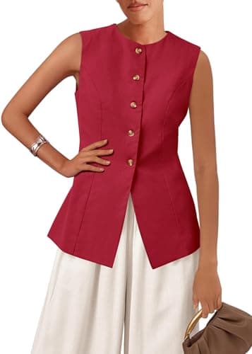 KIRUNDO Vest Tops for Women Trendy Dressy Business Casual Outfits 2026 Summer Sleeveless Fitted Blazer Work Suit Waistcoat(Red, XX-Large) - Image 1