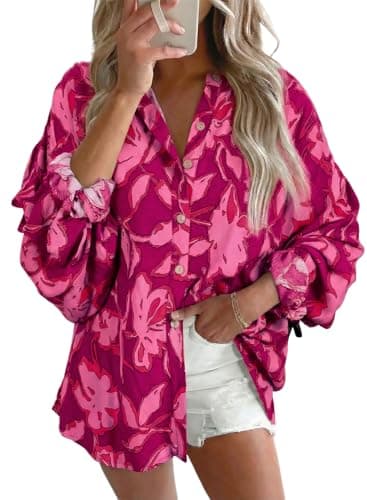 Astylish Womens Boho Floral Loose Spring Summer Tops Trendy Beach Vacation Clothes Lantern Sleeve Flowy Blouses V Neck Breathable Button Down Business Casual Shirts Burgundy Medium - Image 1