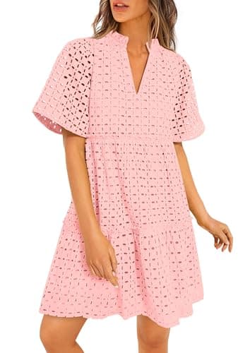 PRETTYGARDEN Eyelet Dresses for Women 2026 Summer Short Sleeve V Neck Hollow Out Ruffle A Line Boho Beach Vacation Mini Dress (Pink,X-Large) - Image 1