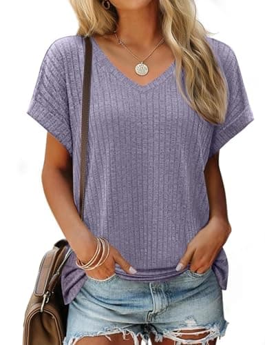 JUSTFASHIONNOW Summer Tops for Women Trendy Short Sleeve V Neck T Shirts 2026 Fashion Basic Tees Dressy Casual Vacation Outfits Purple S - Image 1