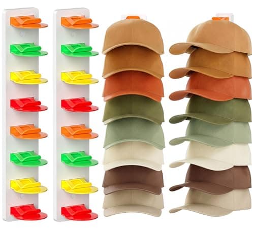 Haiou 2 Pack Hat Organizer for Baseball Caps Strong Adhesive Hat Rack for Wall Multilayer Hat Storage Display Holder Wall Mounted Hat Hooks Hold up to 16 Hats for Closet Door and Bedroom, Multicolor - Image 1