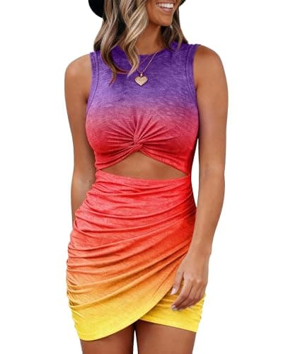 BTFBM Women 2026 Summer Dresses Sleeveless Casual Crewneck Bodycon Cutout Twist Slim Wrap Club Party Beach Mini Dress(Tie Dye Purple Yellow, Large) - Image 1