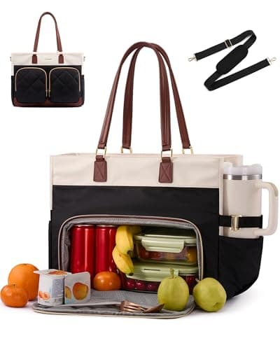 LOVEVOOK Lunch Tote Bag for Women, Work Bag with Insulated Lunch Compartment, 15.6 Inch Laptop Tote with Cup Holder for Teacher, Office, Black & Brown - Image 1