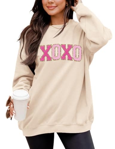 LETSEE Womens Valentines Sweatshirt Valentine Shirts Womens Oversized Embroidered Crewneck Tops Long Sleeve Outfits(Apricot, Small) - Image 1