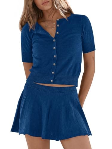 Wenrine Womens Sweater 2 Piece Sets Casual Short Sleeves Cardigan A-Line Flared Mini Skirt Outfits Workout Lounge Matching Sets - Image 1