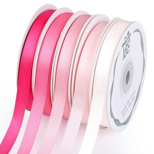 woric Double Faced Pink Satin Ribbon 3/8 Inch x 5 Rolls Total 50 Yards, 10 Yd/Roll Craft Thin Ribbon for Easter Gifts Decorations Flower Bouquet Gift Wrapping Hair Bows Baby Bridal Shower Wedding