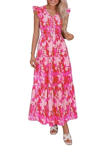 PRETTYGARDEN Women's Boho Floral Maxi Dress 2026 Summer Smocked V Neck Ruffle Sleeve Spring Flowy Beach Vacation Sundresses (Rose Red,Large) - Image 1