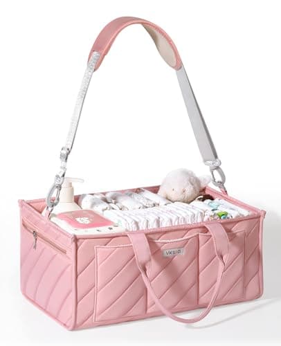VKSAO Extra Large Diaper Caddy Organizer – Big Nursery Storage Basket with Zipper Pocket, Shoulder Strap & Stroller Hooks, Water-Resistant Travel Tote for Twins, Gift for Baby Shower, Blush Pink - Image 1