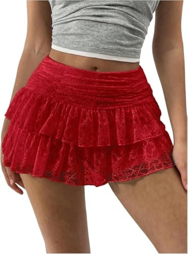 dzmelzu Lace Mini Skirt, Y2K Lace Layered Ruffle Skirts, A Line Cute Ruched Skirt with Shorts, Women’s Tiered Skirt - Image 1