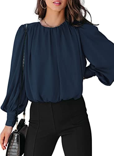 Dokotoo Womens Juniors Spring Tops and Blouses for Women 2026 Summer Trendy T-Shirts Padded Shoulder Long Sleeve Tunic Tops Loose Work Business Dressy Tee Shirts Blue Medium - Image 1