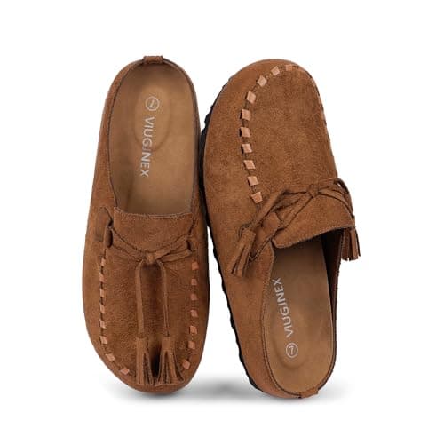 VIUGJNEX Comfort Clogs for Women Tassel Fringe Faux Suede Mules for Women Footbed Round Toe Potato Shoes with Arch Support Office Walking Clogs Loafers Casual Dress Shoes Brown Size 7.5 - Image 1
