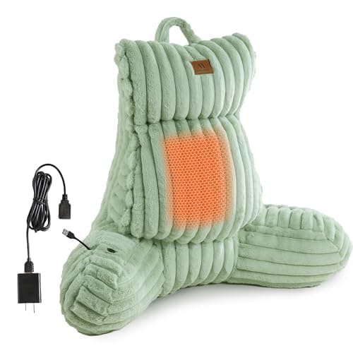 Amélie Home Heated Faux Fur Reading Pillow with Pocket - 3-Temperature Backrest for Sitting in Bed, USB-Powered(No Power Bank Included) Warming (113°F 131°F), 3H Auto Shutoff, Sage Green, 26 Inches - Image 1