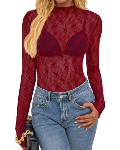 BTFBM Womens Tops Mesh Lace Long Sleeve Tops for Women 2026 Spring Fall Sexy Sheer See Through Tight Party Club Outfits(Red, XX-Large) - Image 1