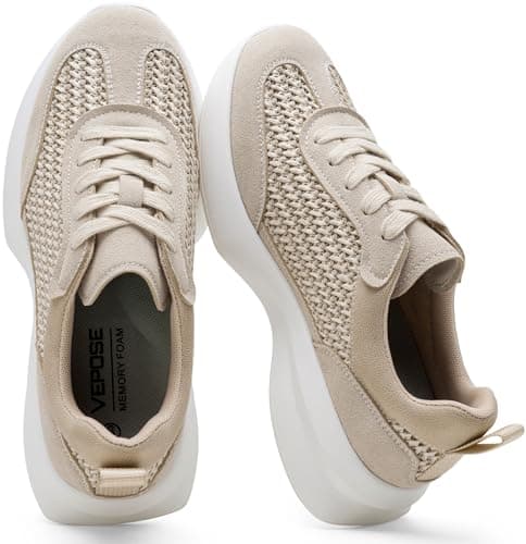 Vepose Women's Casual Fashion Sneakers, Beige Comfortable Lightweight Lace-up Tennis Walking Shoes with Arch Support, Trendy Braid Breathable Woven Raffia 8216 Trainers, Size 9.5(CJY8216 Beige 09.5) - Image 1