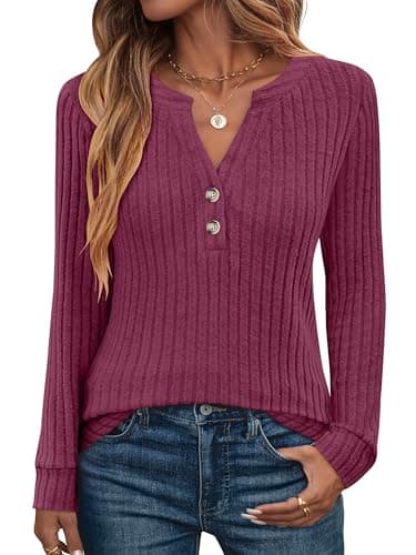 ANRABESS Womens Henley Shirts Long Sleeve Tunic Tops 2025 Fall Fashion Outfits Ribbed Knit Sweaters Ladies Casual Clothes Burgundy - Image 1