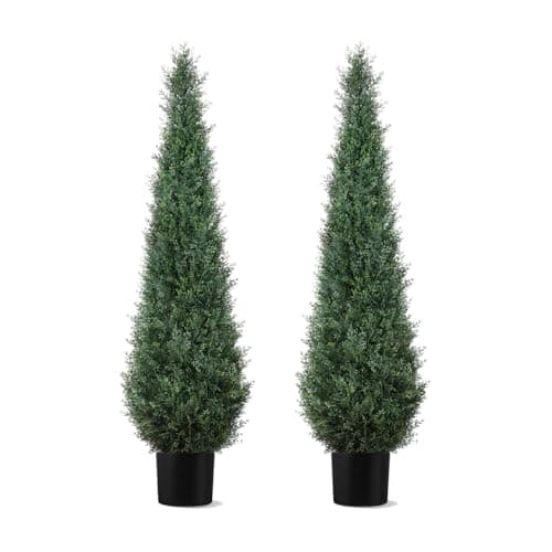 Artificial Trees for Outdoors, BUZIGUBY Artificial Cedar Topiary Trees, 5FT Topiary Trees Artificial Outdoors for Porch, Dense Arborvitae Tree for Front Door Patio Deck Balcony Yard Decor, 2 Pack - Image 1