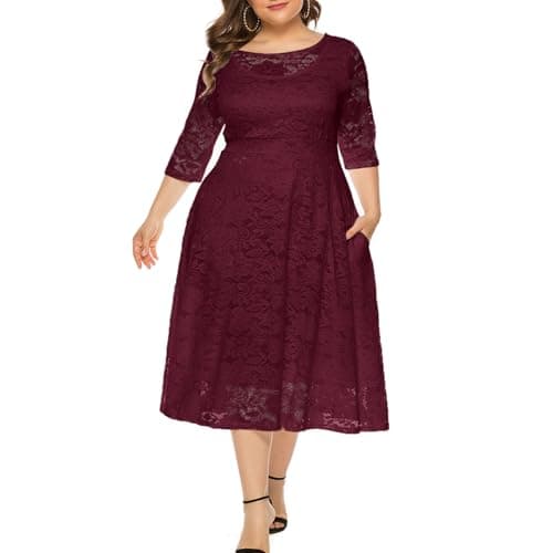 Eternatastic Womens Scooped Neckline Floral lace Top Plus Size Cocktail Party Midi Dress 3XL Deep Red - Image 1